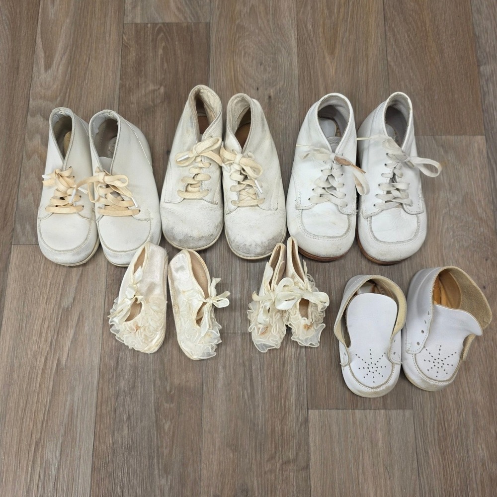 Vintage Baby Shoes Lot Leather Satin Christening Booties White Infant Antique
